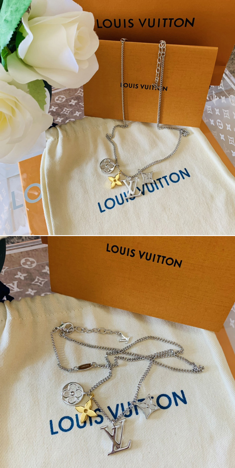 used Pre-owned Louis Vuitton Louis Vuitton Pendant LV Instinct Necklace M00521 Metal Silver Gunmetal Gold Initial Monogram Flower Vuitton (Good)