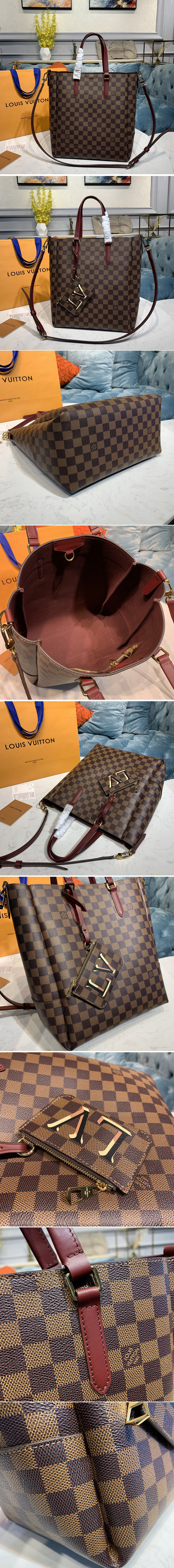 Louis Vuitton Replica N60293 LV Replica Belmont MM Bag in Damier Ebene  canvas With Cherry Berry Leather - AAAReplica