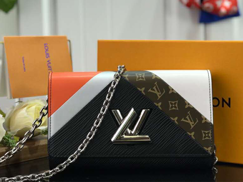 AAA Replica Louis Vuitton M67798 Twist Chain Wallet Cowhide Leather Black  Tan